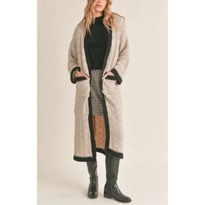 Sadie‎ & Sage Cardigan Open Front Oversized Textured Taupe Black Trim Size XS